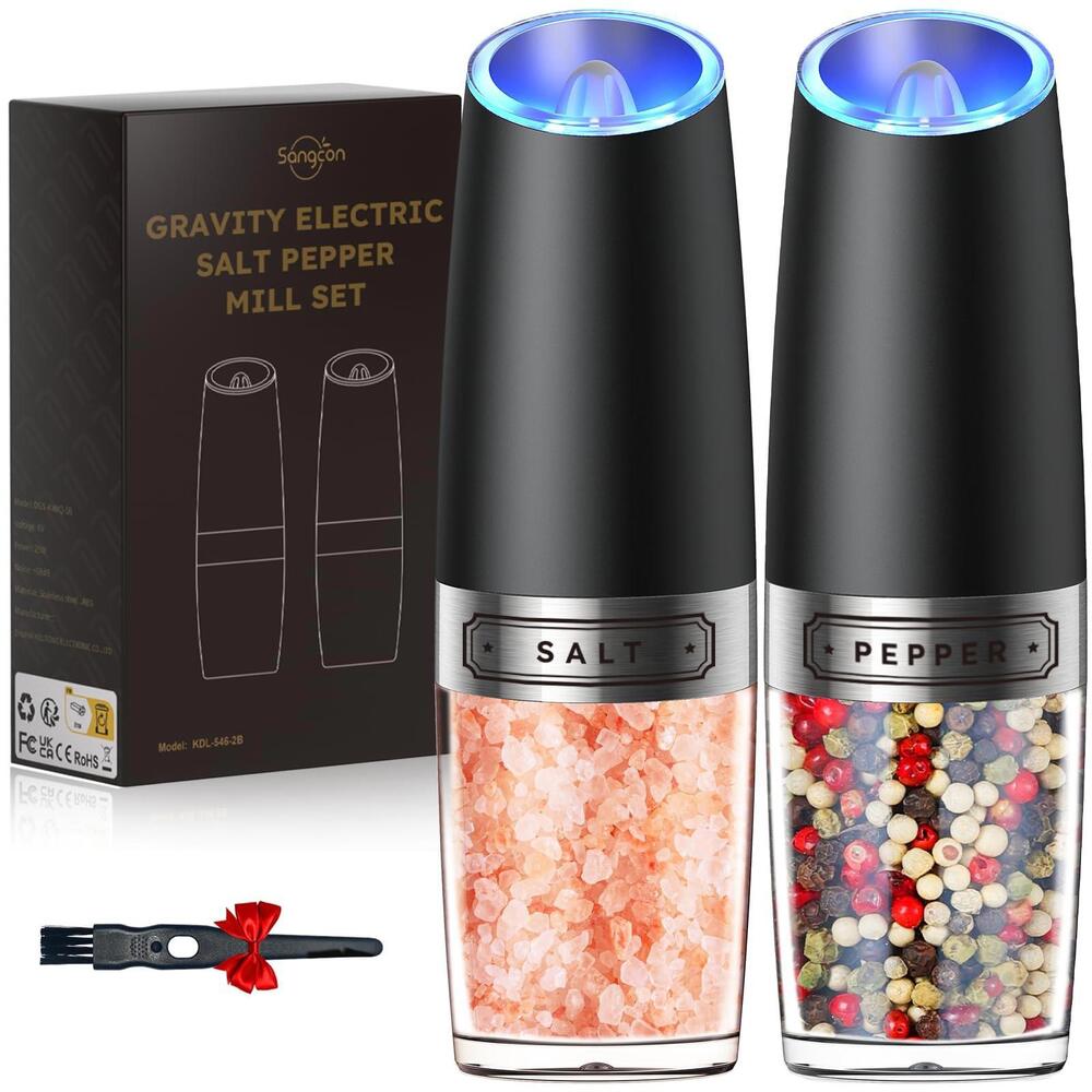 Sangcon Gravity Electric Salt & Pepper Grinder Set, LED, Battery, Adjustable Coa